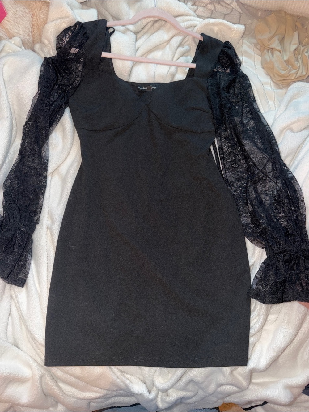 Lovely Day Black Lace-Sleeve Square-Neck Mini Dress